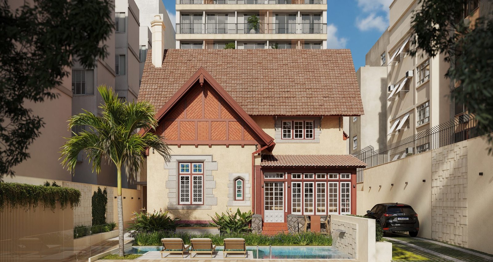 Fachada da casa tombada do Be in Rio Prudente 1356 | Perspectiva ilustrada Casa histórica de telhado inclinado e janelas brancas, com jardim e piscina na frente e a torre ao fundo
