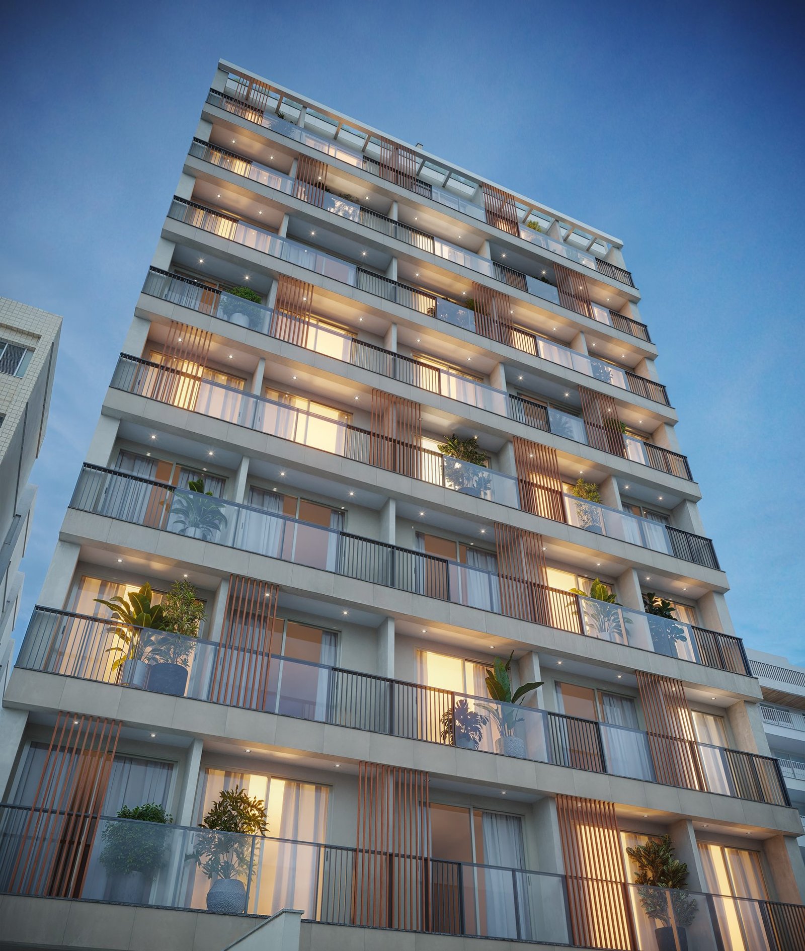 Fachada da torre do Be in Rio Prudente 1356 | Perspectiva ilustrada Torre residencial vista de baixo, com varandas iluminadas e plantas