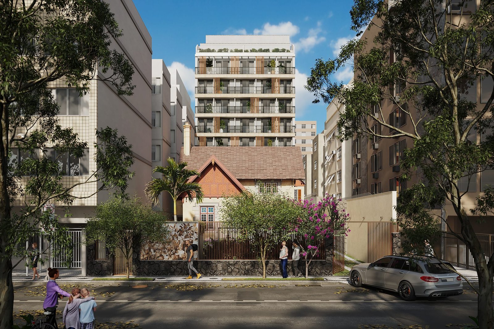 A casa e a torre do Be in Rio Prudente 1356 vistas da rua | Perspectiva ilustrada Vista da rua com a casa histórica na frente e a torre atrás, entre árvores e prédios vizinhos