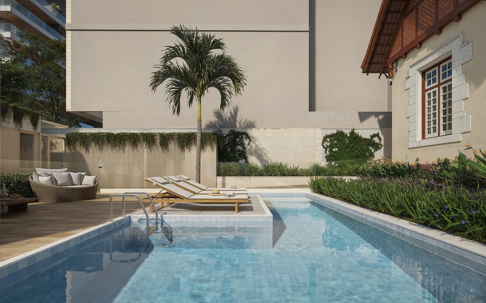 Piscina do Be in Rio Prudente 1356 | Perspectiva ilustrada Piscina com espreguiçadeiras e palmeira, ao lado da casa histórica