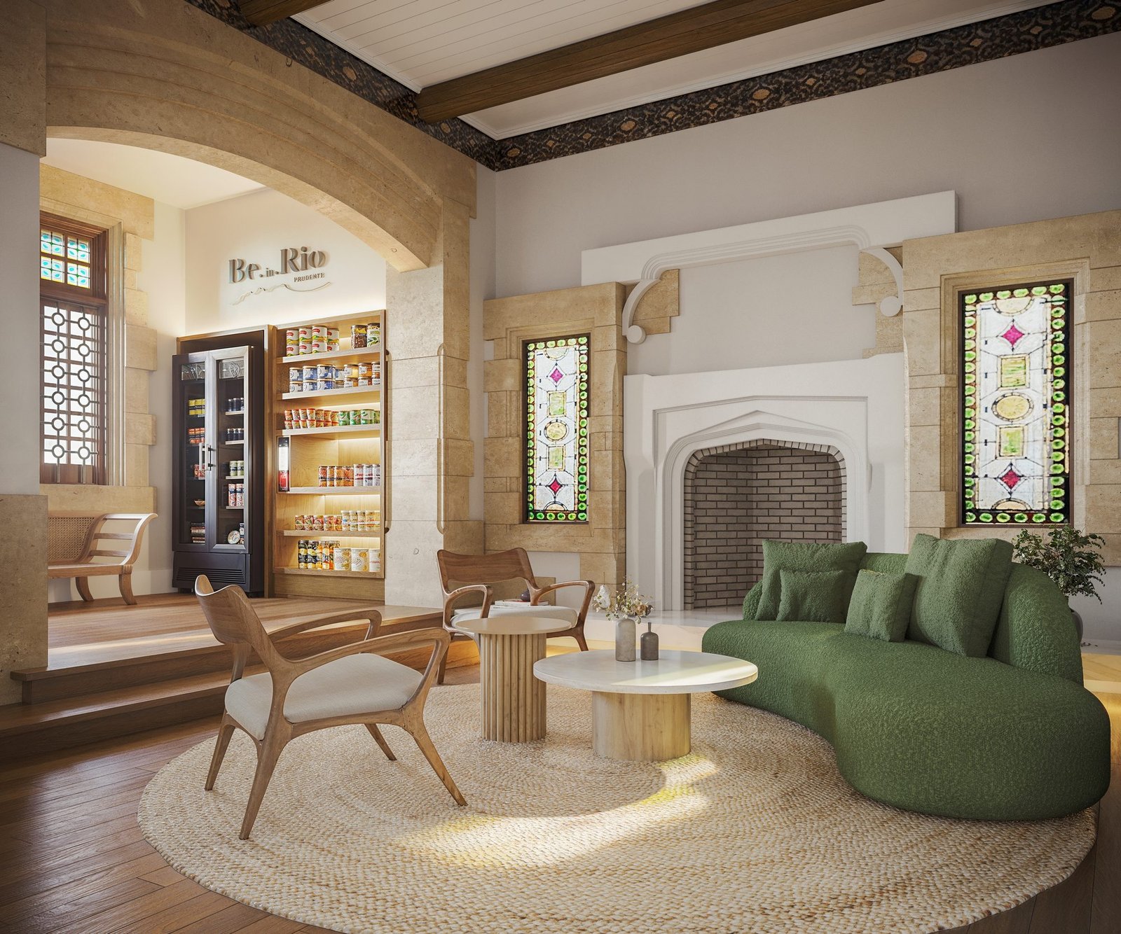 Minimercado e lounge do Be in Rio Prudente 1356 | Perspectiva ilustrada Lounge com sofá verde e lareira, ao lado das prateleiras do minimercado, com vitrais nas janelas