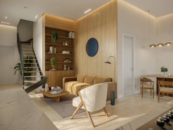 Sala de estar com estante de madeira, mesa de jantar e escada
