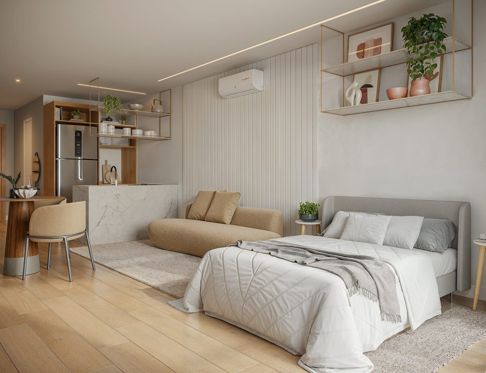 Studio do Be in Rio Prudente 1356 | Perspectiva ilustrada Studio com cama, sofá, cozinha com bancada e ar-condicionado