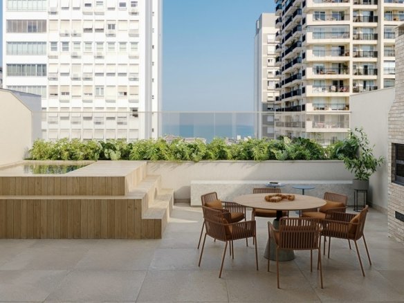 Terraço com mesa de jantar, churrasqueira, pia e floreira