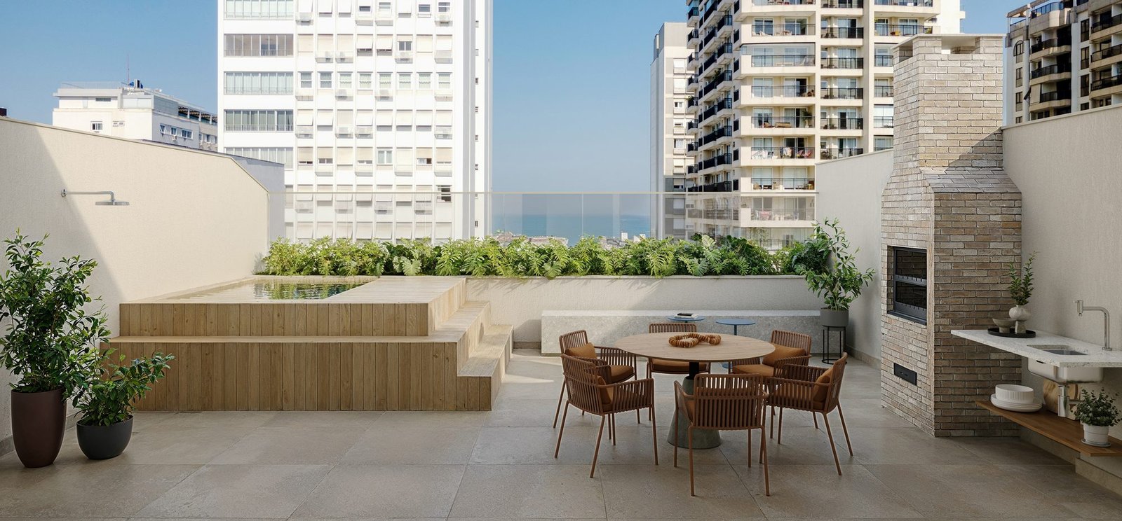 Terraço de cobertura do Be in Rio Prudente 1356 | Perspectiva ilustrada Terraço com mesa de jantar, churrasqueira, pia e floreira