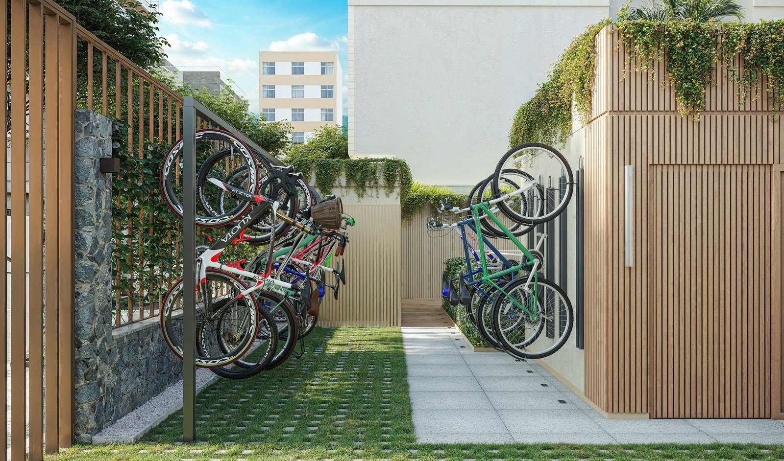 Bicicletário do Be in Rio Prudente 1356 | Perspectiva ilustrada Bicicletas em suportes verticais em área externa com piso gramado e muro de pedra