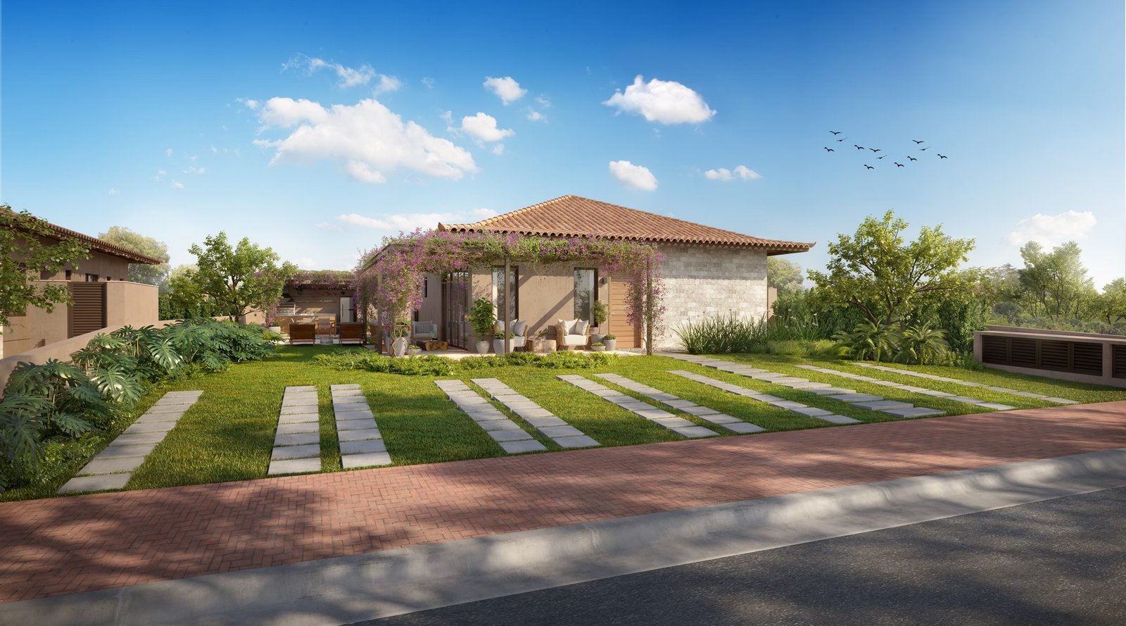 Fachada de casa térrea com jardim e caminho de pedras, no padrão das casas 41 e 42 da Quadra 20 do Toriba Noroeste (imagem ilustrativa)