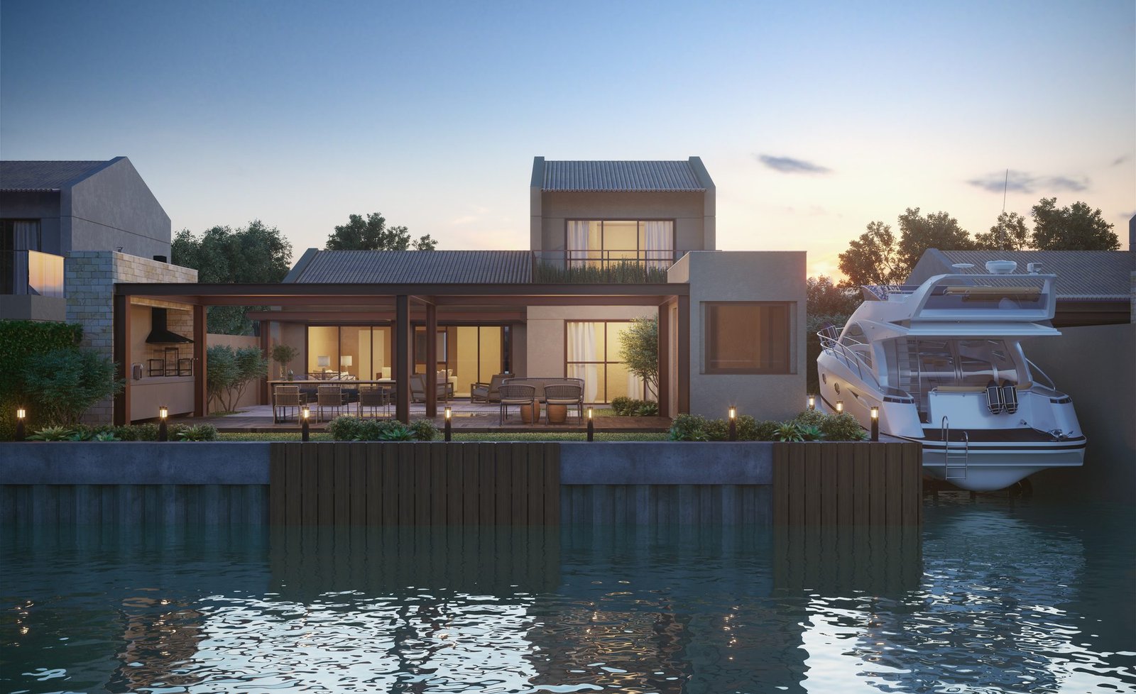 Casa tipo duplex de frente para o canal, ao entardecer, com uma lancha atracada, no Toriba (imagem ilustrativa)