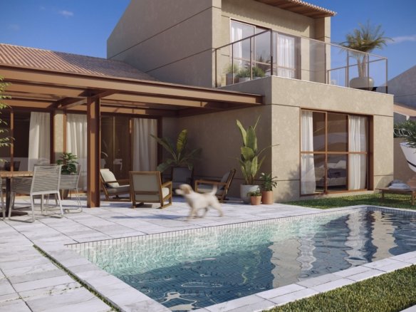 Casa tipo duplex vista da piscina, com varanda coberta e pergolado, no Toriba (imagem ilustrativa)