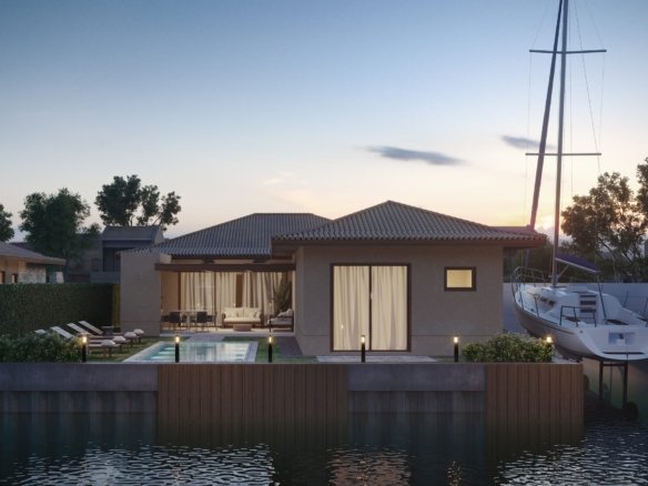Casa tipo linear com varanda e piscina, vista do canal ao entardecer, no Toriba (imagem ilustrativa)