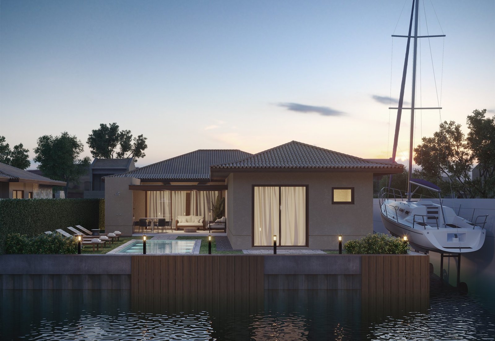 Casa tipo linear com varanda, de frente para o canal (imagem ilustrativa) Casa tipo linear com varanda e piscina, vista do canal ao entardecer, no Toriba (imagem ilustrativa)