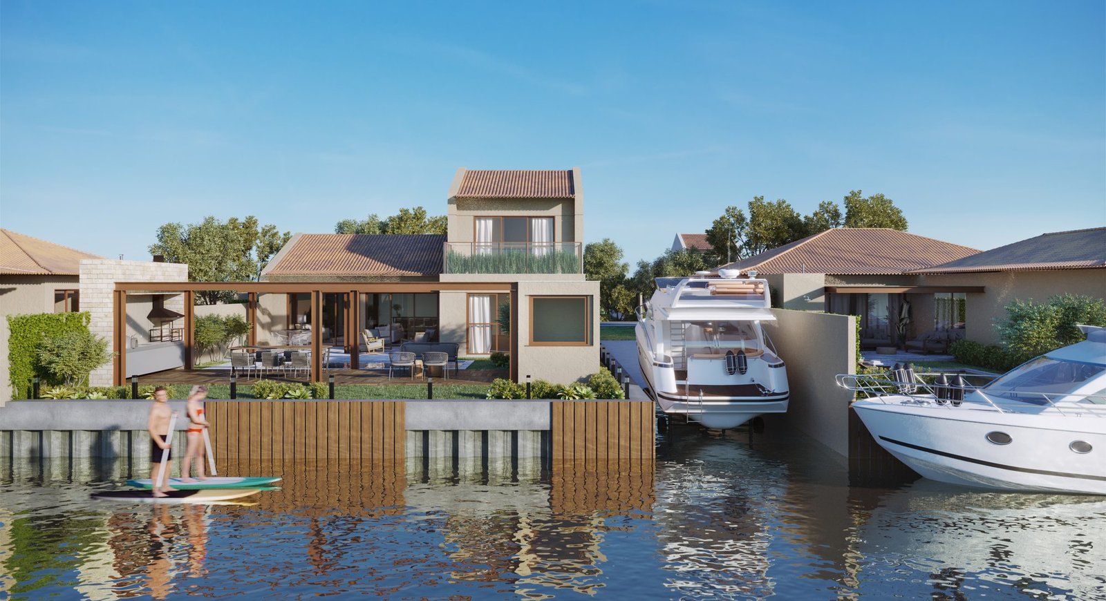 Casas tipo de frente para o canal, com barcos (imagem ilustrativa) Casas tipo de frente para o canal, com lanchas atracadas e pessoas remando em pranchas, no Toriba (imagem ilustrativa)