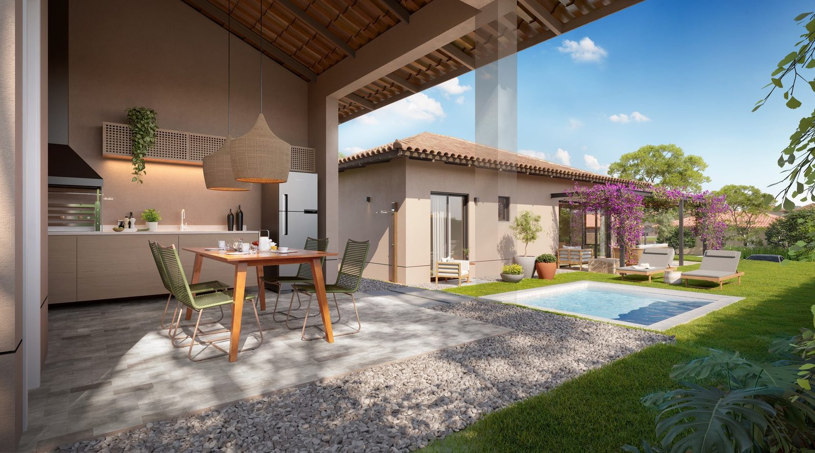 Frente Estrada: edícula com cozinha (imagem ilustrativa) Edícula com cozinha e mesa, aberta para o jardim e a piscina, em uma casa da Frente Estrada do Toriba Sudoeste (imagem ilustrativa)