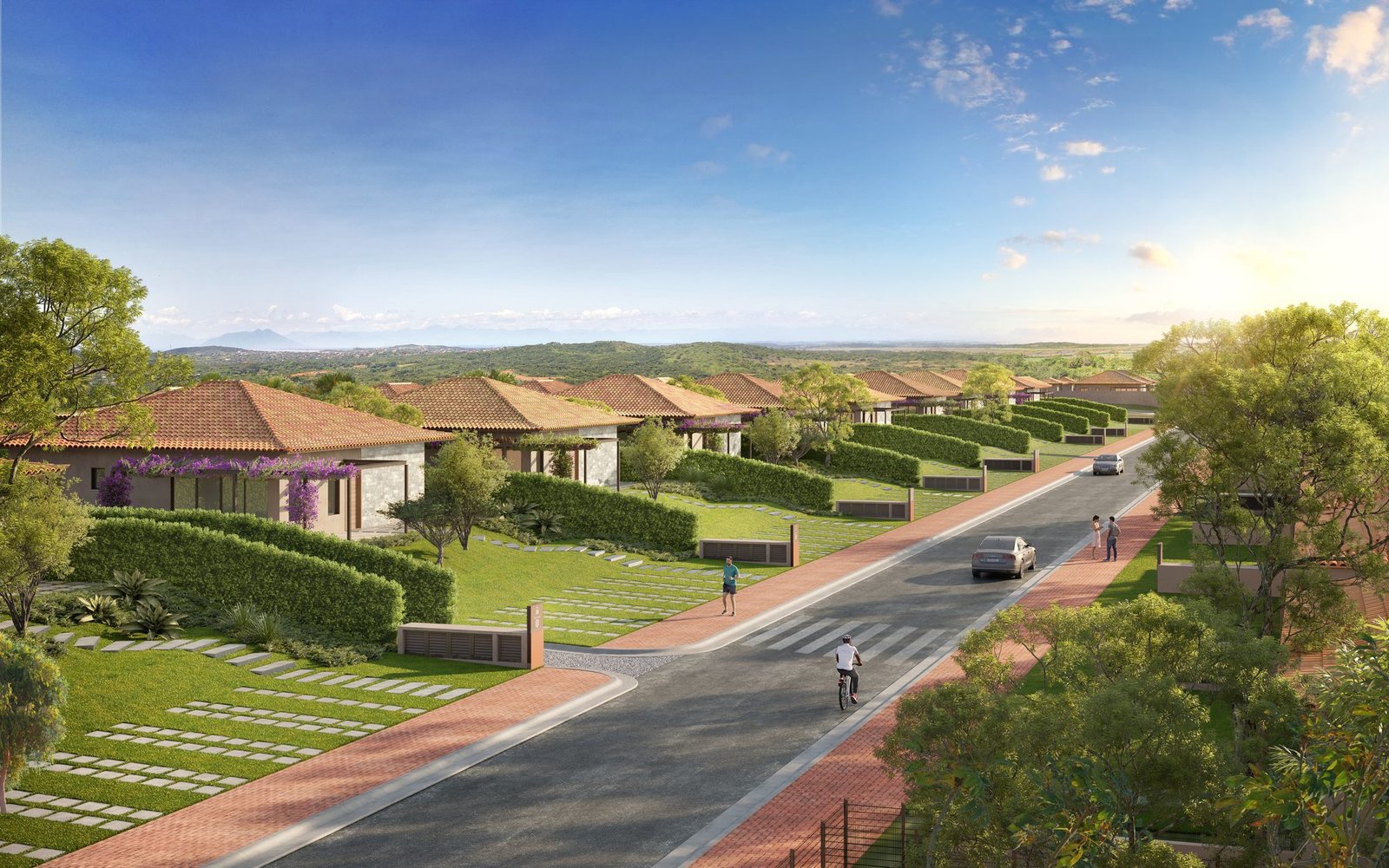 Frente Estrada: rua e casas vistas do alto (imagem ilustrativa) Vista do alto da rua da Frente Estrada do Toriba Sudoeste, com as casas térreas e os jardins de um lado (imagem ilustrativa)