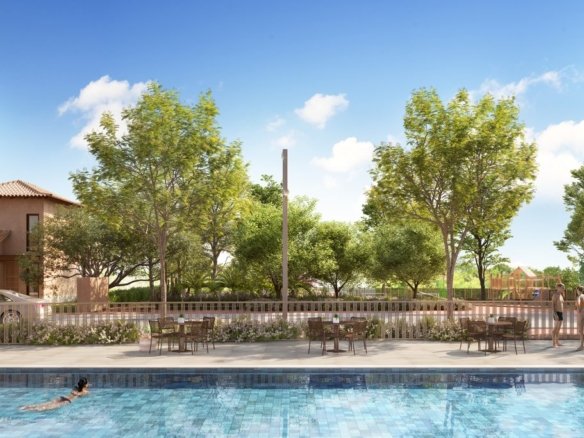 Piscina adulto do condomínio, com espreguiçadeiras e casas ao fundo, no Toriba Sul (imagem ilustrativa)
