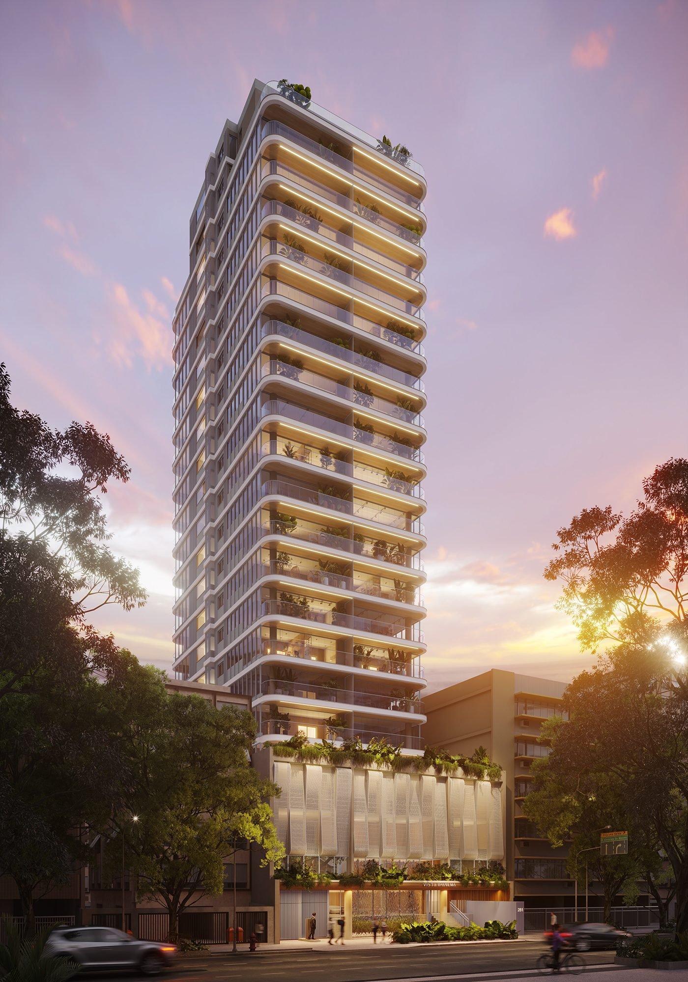 Fachada do Vista Ipanema Residencial (imagem ilustrativa) Torre residencial de linhas curvas ao entardecer, com varandas contínuas e vegetação nas jardineiras de cada pavimento, vista da rua arborizada.