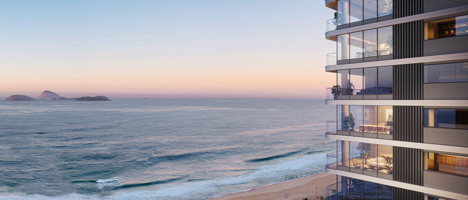 Varandas e a vista do mar de Ipanema (imagem ilustrativa) Trecho da fachada ao amanhecer, com varandas em curva, e ao lado o mar, a faixa de areia e as Ilhas Cagarras no horizonte.