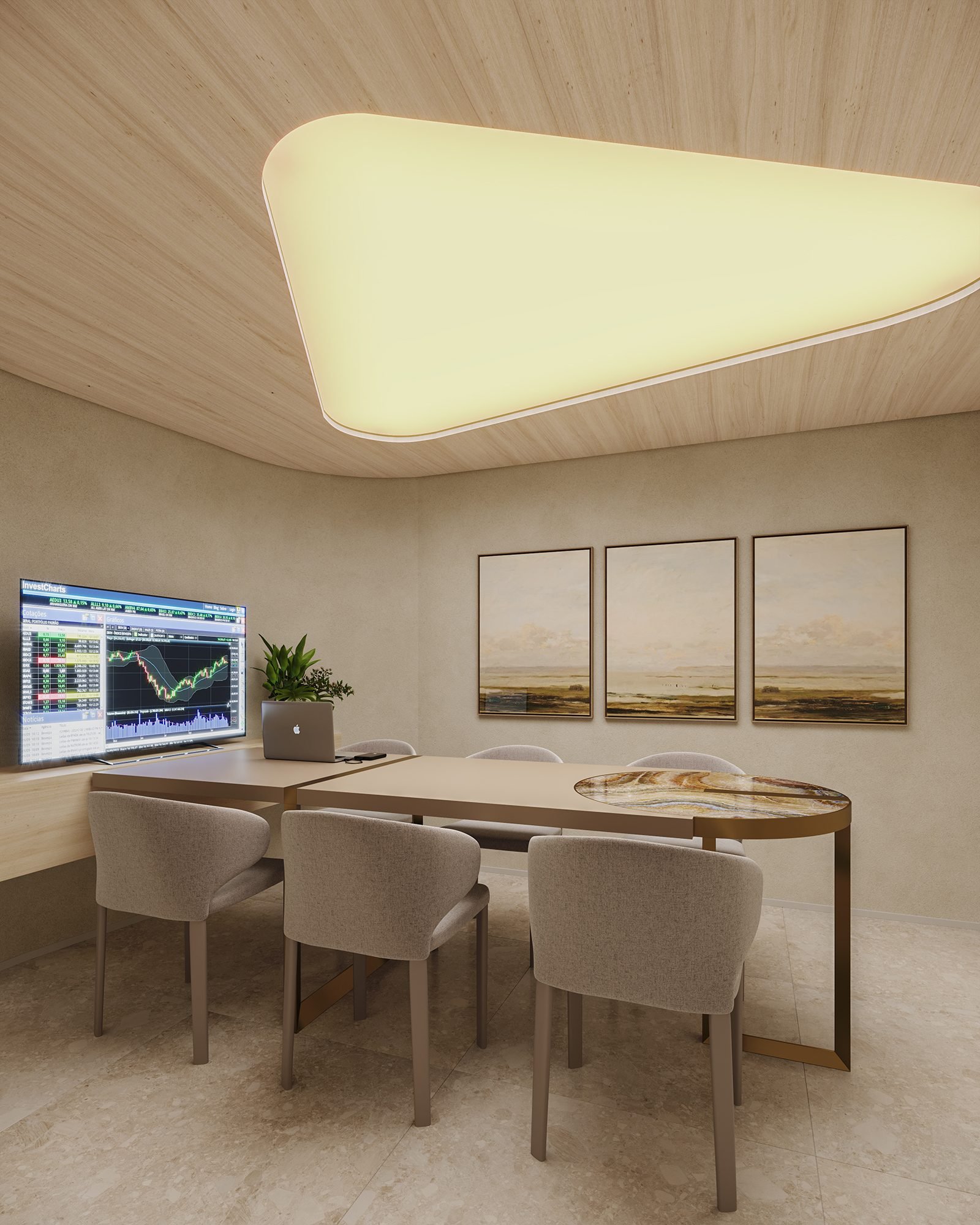 Sala de reunião (imagem ilustrativa) Sala de reunião com mesa alongada para seis lugares, cadeiras estofadas claras, monitores na parede e luminária de teto iluminada.