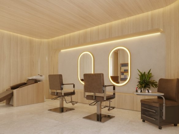 Sala de cuidados pessoais com duas cadeiras de salão diante de espelhos ovais iluminados, lavatório reclinável e bancada de apoio.