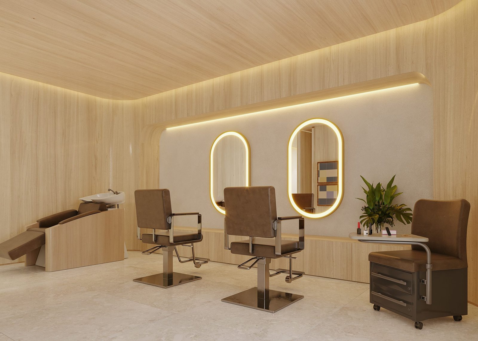 Espaço Wellness (imagem ilustrativa) Sala de cuidados pessoais com duas cadeiras de salão diante de espelhos ovais iluminados, lavatório reclinável e bancada de apoio.