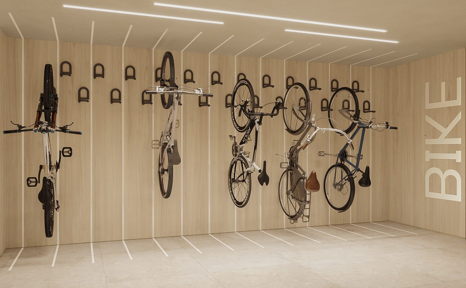 Bicicletário (imagem ilustrativa) Sala revestida de madeira clara com bicicletas penduradas na vertical em suportes de parede e a palavra BIKE aplicada em relevo.