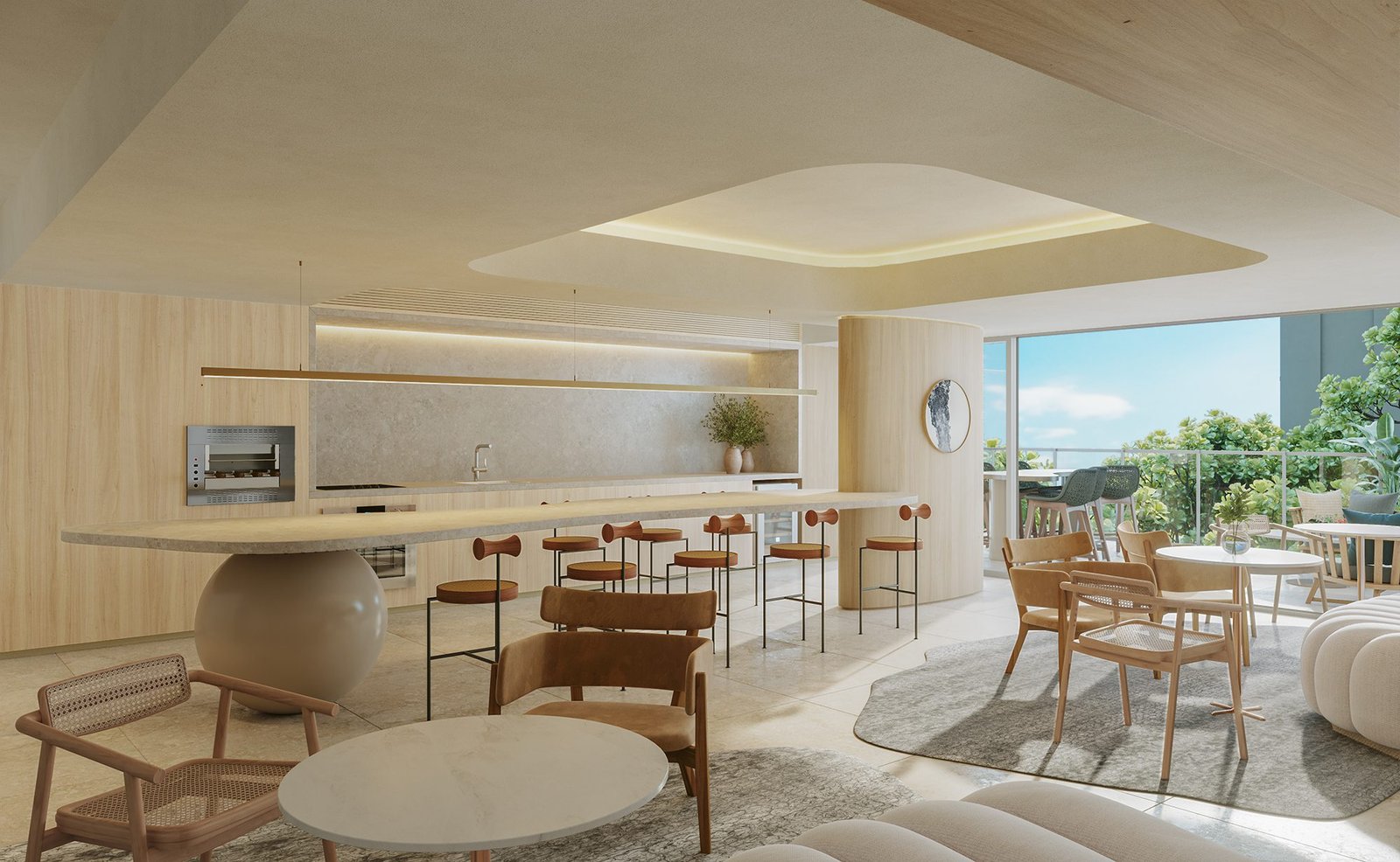 Salão Gourmet (imagem ilustrativa) Salão com bancada longa de pedra sobre base esférica, banquetas, cooktop e forno embutidos na marcenaria, mesas de jantar e saída para o terraço.