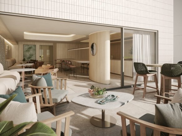 Terraço mobiliado com poltronas de madeira, mesa baixa e banquetas altas, integrado por porta de vidro ao salão gourmet.