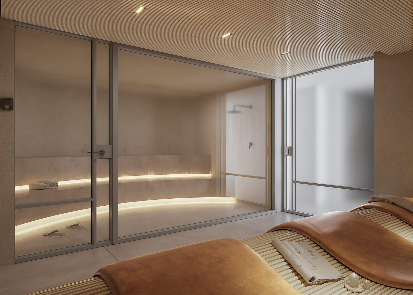 Sauna a vapor com área de repouso (imagem ilustrativa) Cabine de sauna envidraçada com banco iluminado e chuveiro ao fundo, e em primeiro plano duas espreguiçadeiras de madeira com estofado em couro.