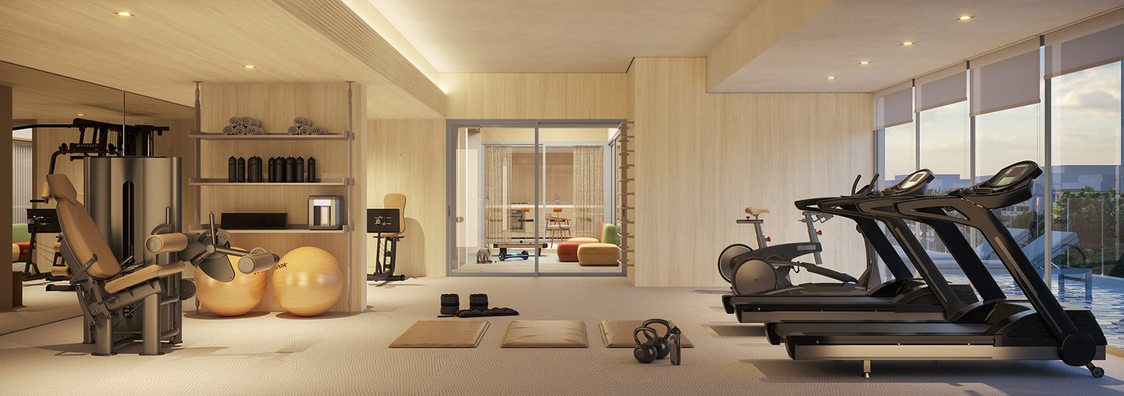 Fitness (imagem ilustrativa) Sala de ginástica com esteiras junto à janela, bicicletas, estação de musculação, halteres e tatames, com a piscina visível do lado de fora.