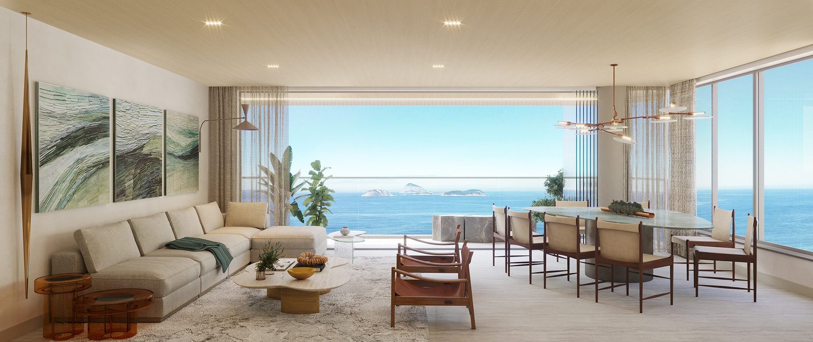 Sala do apartamento tipo (imagem ilustrativa) Sala de estar e jantar integradas, com sofá em L, mesa para oito lugares e esquadria de vidro aberta para a varanda, com o mar e as Ilhas Cagarras ao fundo.