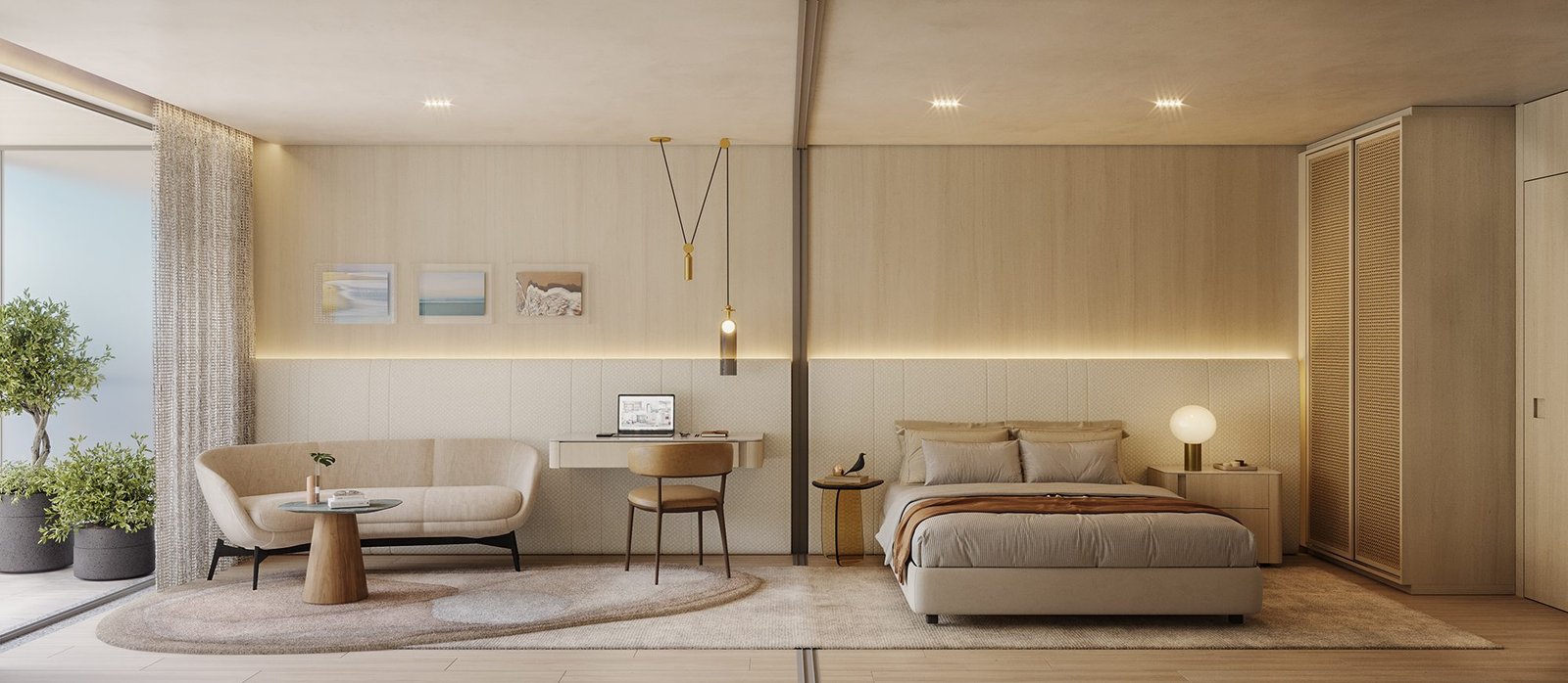 Suíte master do apartamento tipo (imagem ilustrativa) Suíte com cama de casal, bancada de trabalho, sofá de dois lugares junto à janela e armários embutidos em madeira clara.