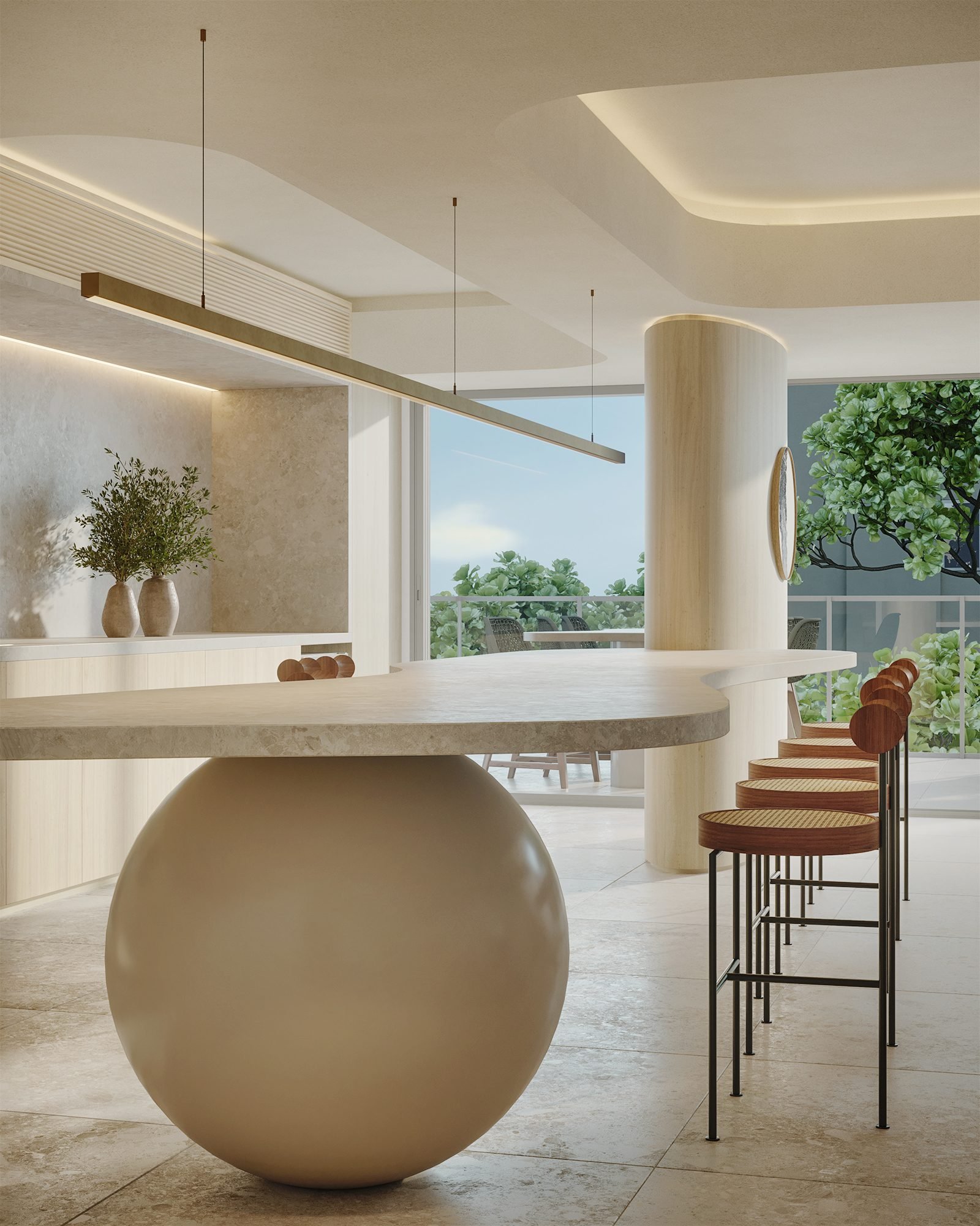 Detalhe da bancada do Salão Gourmet (imagem ilustrativa) Bancada de pedra sobre base esférica, com banquetas de palhinha, luminária linear suspensa e vista para o terraço arborizado.