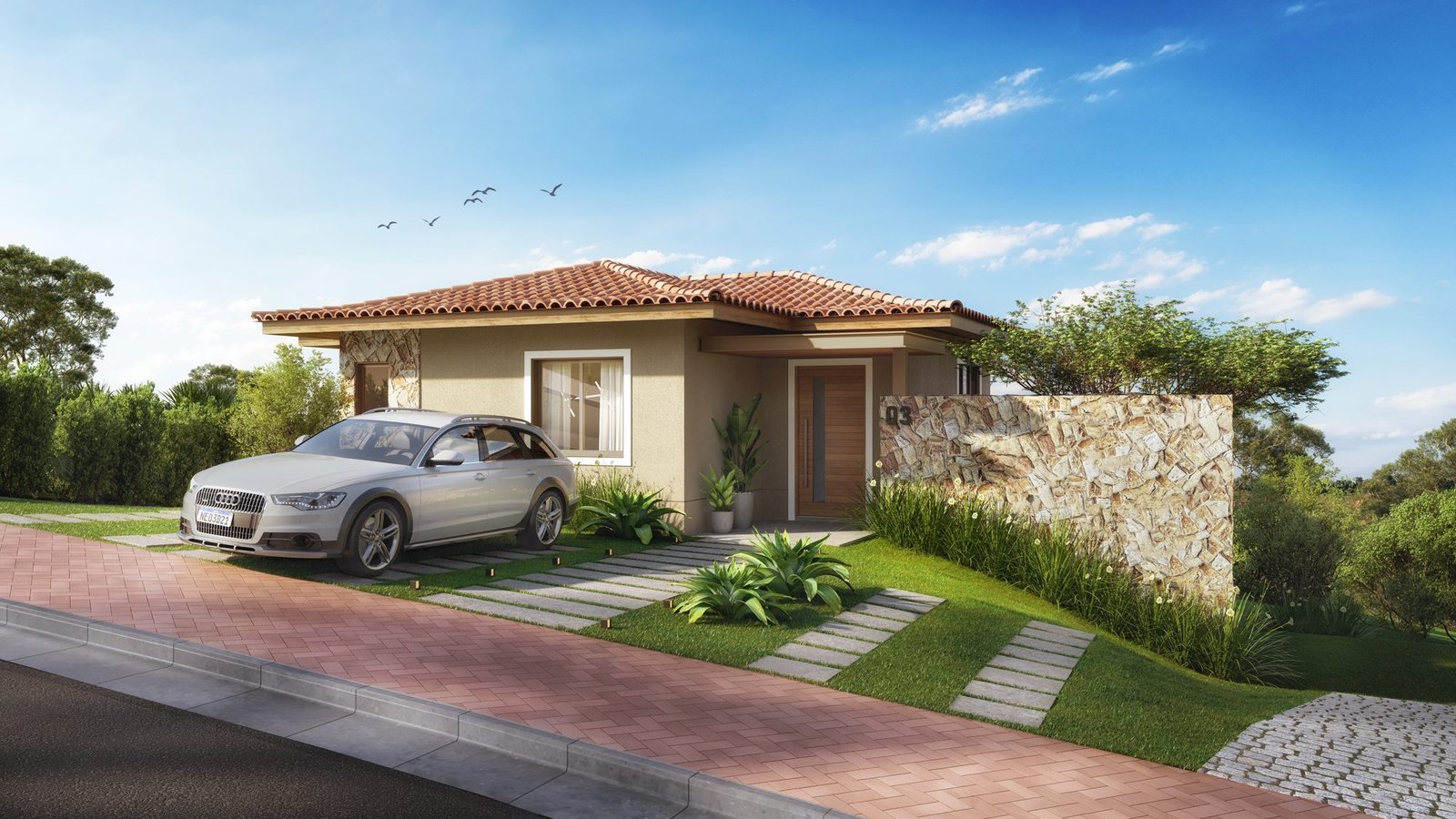 Casa com muro de pedra (imagem ilustrativa) Fachada de casa térrea do Vista Ybirá, com muro de pedra ao lado e um carro na entrada (imagem ilustrativa)
