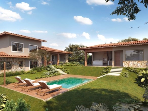 Casa de dois andares, uma das tipologias do projeto do Vista Ybirá, com piscina, deck e edícula opcionais (imagem ilustrativa)