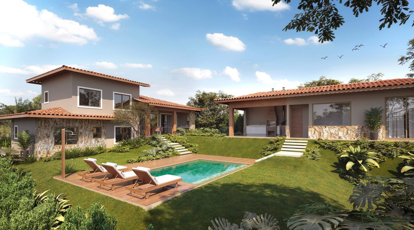 Casa de dois andares com piscina (imagem ilustrativa) Casa de dois andares, uma das tipologias do projeto do Vista Ybirá, com piscina, deck e edícula opcionais (imagem ilustrativa)