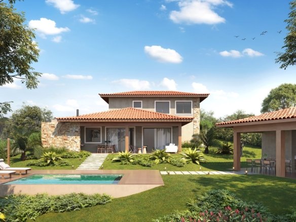 Casa de dois andares, uma das tipologias do projeto do Vista Ybirá, vista da piscina, com edícula opcional ao lado (imagem ilustrativa)