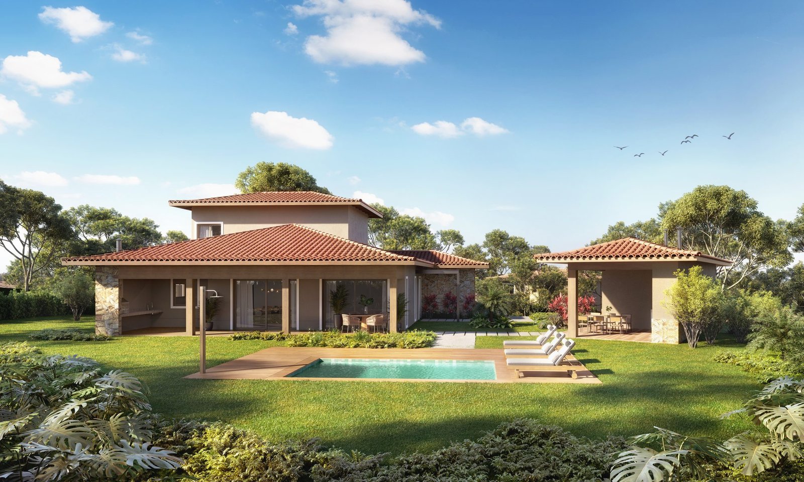 Casa de dois andares vista do jardim (imagem ilustrativa) Casa de dois andares, uma das tipologias do projeto do Vista Ybirá, vista do jardim, com piscina e edícula opcionais (imagem ilustrativa)