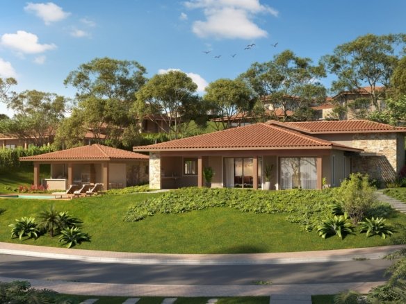 Casa térrea do Vista Ybirá vista do gramado, com varanda e árvores ao redor (imagem ilustrativa)