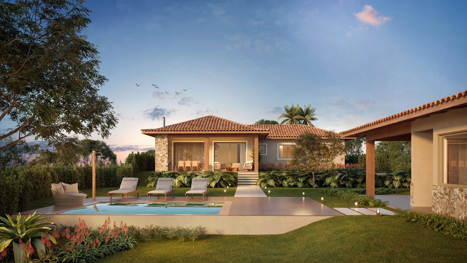 Fundos de casa térrea ao entardecer (imagem ilustrativa) Fundos de uma casa térrea do Vista Ybirá ao entardecer, com piscina e deck, que são itens opcionais (imagem ilustrativa)