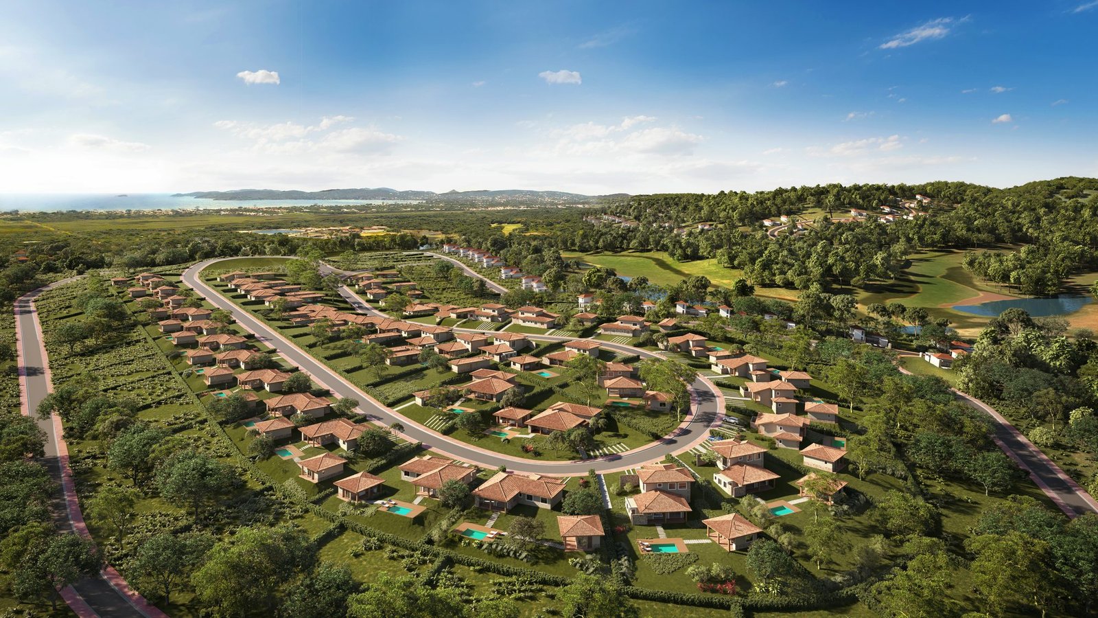 O Vista Ybirá visto do alto (imagem ilustrativa) Vista aérea do projeto do Vista Ybirá, com as casas ao longo das ruas, o campo de golfe e o mar ao fundo (imagem ilustrativa)