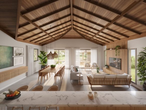 Sala, jantar e cozinha integrados e decorados, com teto de madeira, em uma casa do Vista Ybirá (imagem ilustrativa)